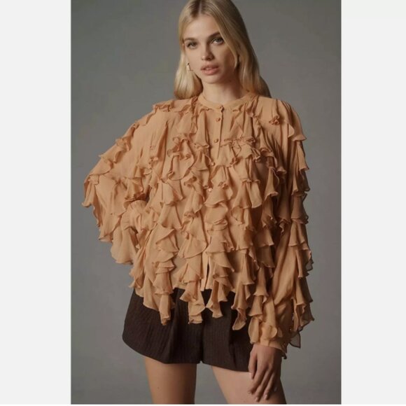 Brand New by Anthropologie Sheer Ruffle Buttondown Blouse - Picture 4 of 13
